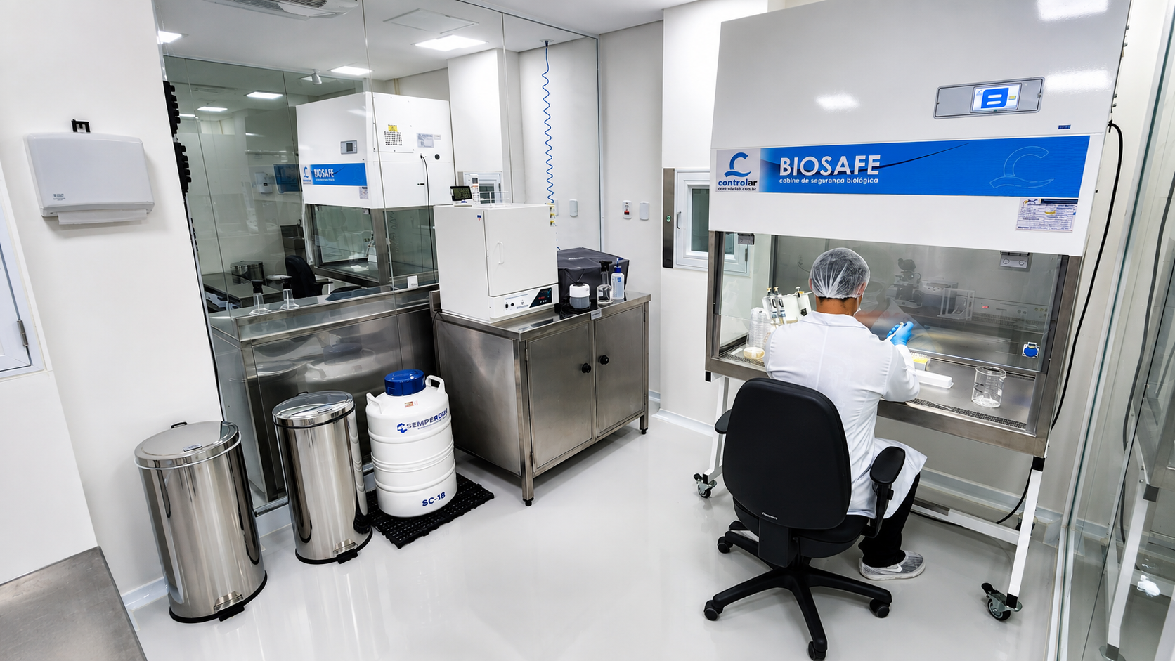 Laboratório de biotecnologia do Instituto Nupen com capela de segurança biológica BIOSAFE